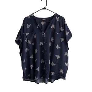 Torrid Top Sz 4 French Bulldog Lightweight Button Down Blouse Navy Dolman Sleeve